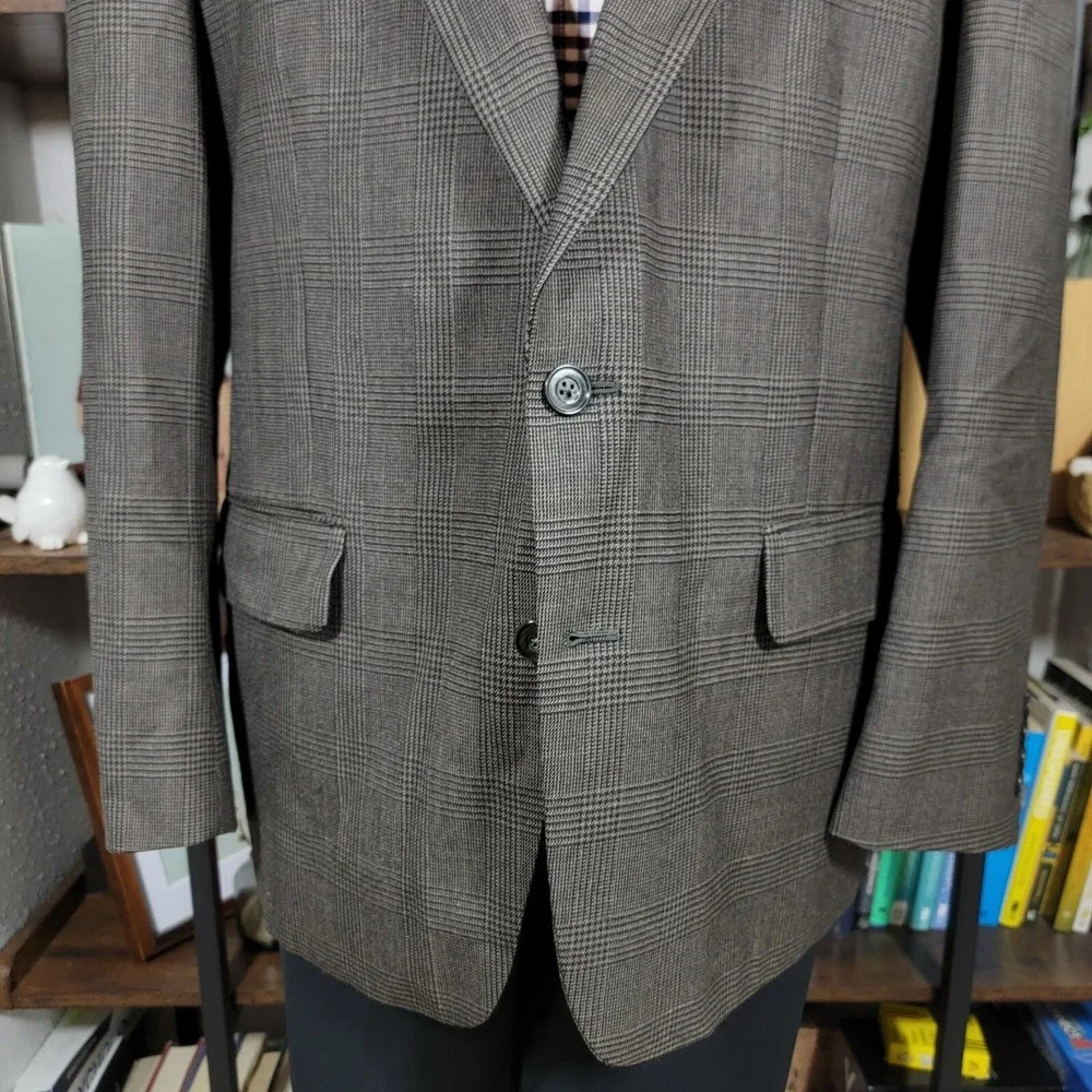 Club Room Men's Sport Coat Blazer Two Button‎ Plaid Brown Pure Wool Size 43R